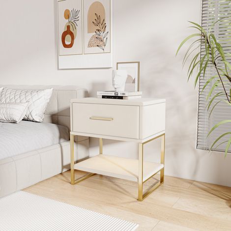 Lot de 2 Tables de Chevet, Finition Velours, avec Tiroirs de Rangement,  Table d'appoint avec éclairage LED et étagère Ouverte, Cadre Métallique Doré, 40×31×50 cm, Beige (1/5)