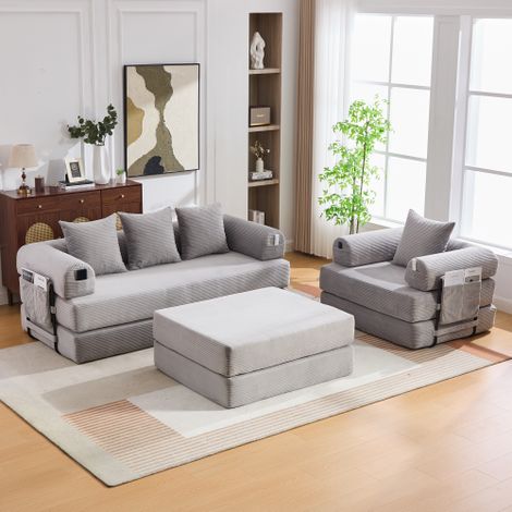 Modulares 4‑Sitzer Cord‑Kompressionssofa inkl. Hocker – mit stabilem Metallrahmen, Seitentasche und 4 bequemen Kissen. Hochdichte Schaumstoffpolsterung – frei kombinierbar und vielseitig einsetzbar.