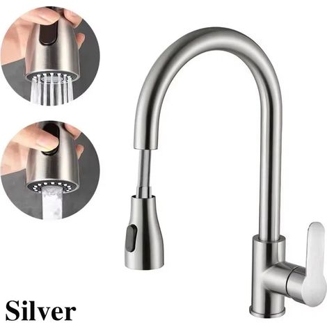 Robinet d'évier de cuisine (brossé) en acier inoxydable avec douchette extractible, mitigeur à montage sur plage, robinets eau chaude/eau froide (1/5)