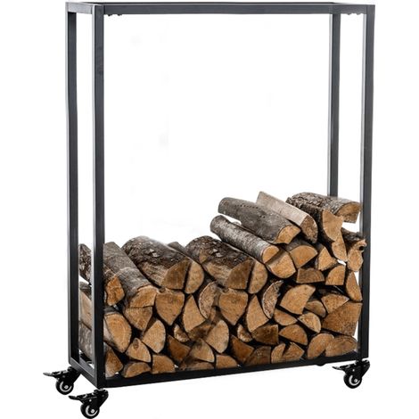 Range-bûches étagère support bois de cheminée sur roulettes 100x60x25 cm en métal noir 100003530 (1/5)