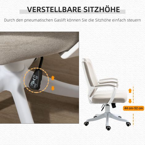 Fauteuil de bureau ergonomique avec accoudoirs, réglable en hauteur, pivotant à bascule, revêtu de lin rembourré, beige et blanc. (1/5)