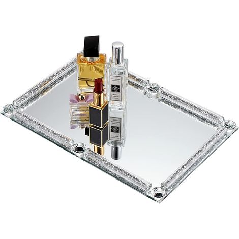 Plateau miroir verre diamants écrasés - Rectangulaire cristal cosmétiques parfums bibelots - Tasse décoration intérieure 30x20cm