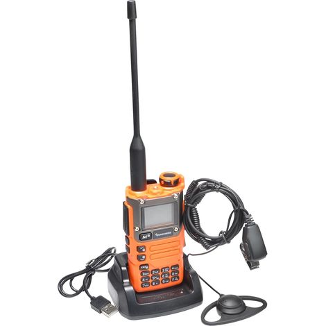 Talkie Walkie Longue Portée avec Oreillette en D Forme VHF UHF 200 Canaux Radio Portable Rechargeable Professionnelle AM/FM/DTMF, VOX, Réplication Fréquence, NOAA Météo (Orange) (1/5)
