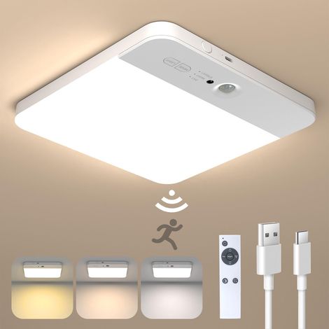 Plafonnier LED à détecteur de mouvement sans fil à pile télécommande - 16cm 3.5W 3000K à 6000K blanc carré rechargeable - Couloi chambre salon cuisine (1/5)