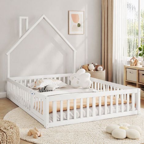 Lit enfant 140x190 avec barrières de sécurité et sommier à lattes, blanc, style cheminée HAVRYA (1/5)