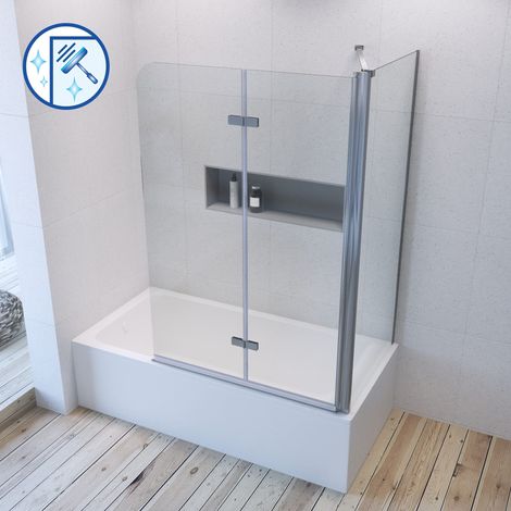 Badewannenfaltwand für Badewanne Eck Duschtrennwand Badewannenaufsatz 5 mm ESG glas mit Nanobeschichtung 3.100 x 75 x 140 cm silberne mit Seitenwand