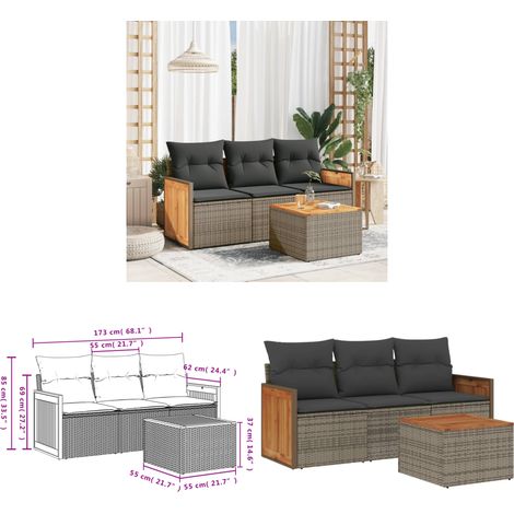4-tlg. Garten-Sofagarnitur mit Kissen Grau Poly Rattan - Gartenmöbel - Outdoor Möbel - Gartensorte - Lounge Set - Rattan Gartenset - Home & Living (1/3)