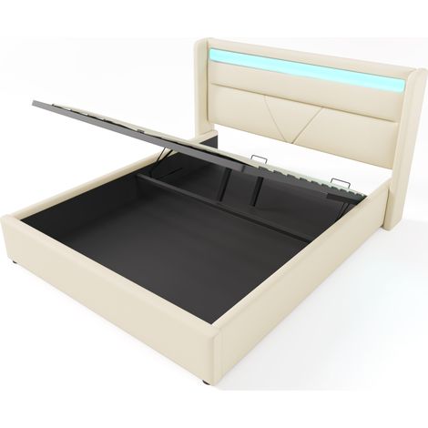 Cama canapé hidráulica 140x200 cm en PU blanco con tira LED y mando HOMVRA (1/5)