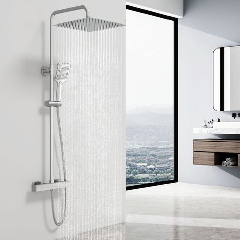 AICA colonne de douche thermostatique avec douche de tête carré de 30X30CM, douchette à main 3 fonctions, hauteur réglable,chromée (1/5)