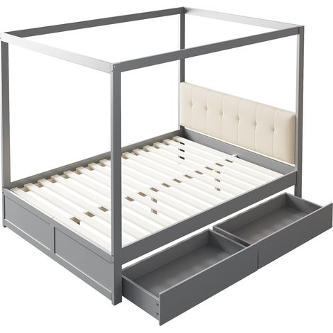 Hausbett grau 140 x 200 cm mit 2 Schubladen und gepolstertem Kopfteil (1/5)