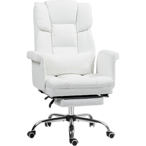 Chaise de bureau ergonomique inclinable-coussin lombaire-siège réglable-pivotante-repose-pieds-simili cuir-blanc-69x65x107-115cm (1/5)