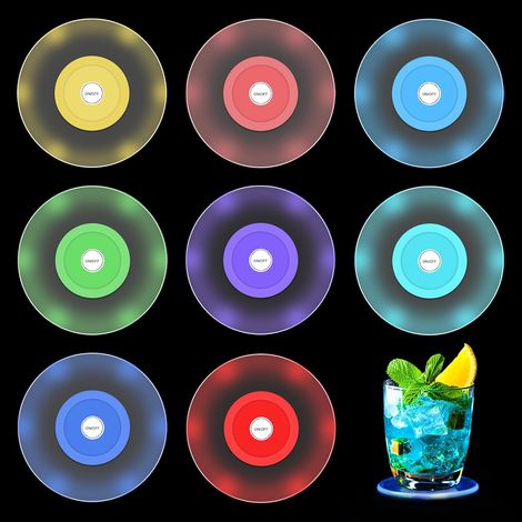 8 pièces de dessous de verre à LED, dessous de verre LED colorés lumineux avec 7 modes d'éclairage, dessous de verre étanches lumineux (1/5)