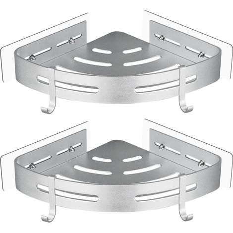 2 Pièces Étagère de Douche Sans Perçage Étagère d'Angle Douche Métal avec 4 Crochets Étagère Salle de Bain Rangement Douche Support Douche Argent (1/5)