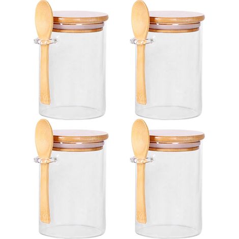 Ensemble de 4 bocaux en verre hermétiques pour la conservation des céréales et des fruits secs, avec couvercles et cuillères en bambou, modèle . (1/5)