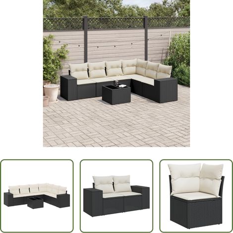 Meubles extérieurs - Salon de jardin 7 pcs avec coussins noir résine tressée (1/5)