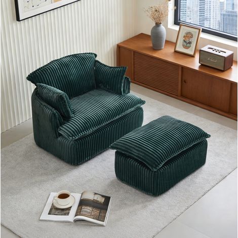 Sillón con Pouf Convertible, Diseño Compacto sin Montaje para Espacios Pequeños, de Flanela, Verde (1/5)