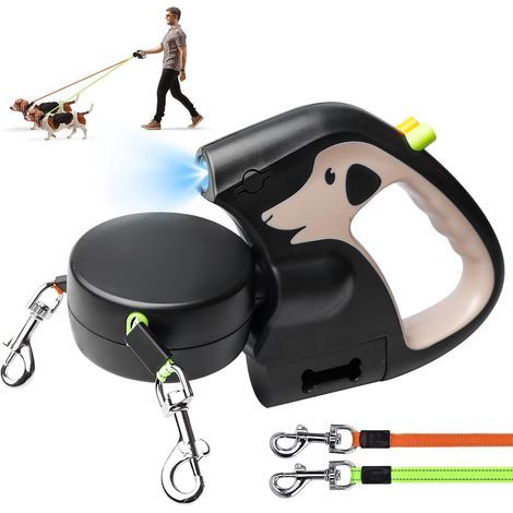Laisse Double Rétractable, Laisse Double Rétractable, Laisse Double pour Chien Rétractable, Laisse pour Chien avec Lumière, Laisse Extensible pour Promener Deux Chiens Jusqu'À 30 LB(Marron) (1/5)