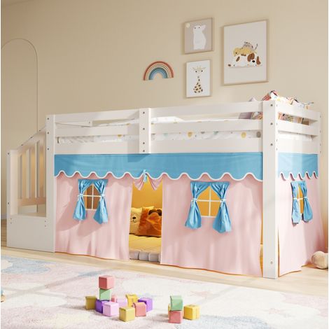 Halbhohes Bett 90/200 cm in Weiß aus Kiefernholz und MDF mit Vorhängen und LED (1/5)