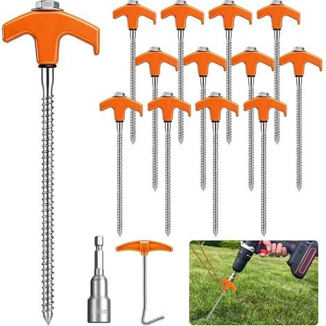 Lot de 12 Piquet de Tente à Visser,Sardines de Fixation Tente en Acie,Piquet Ancrage avec Filetage, Douille Hexagonale et Extracteur pour Bâche, Auvent, Camping et Randonnée (1/5)