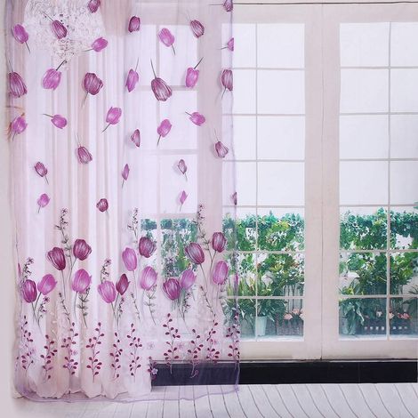 Rideau de Tulle, Rideau de Tulle de Tulipes, Rideau Transparent Tulipes Colorées Impression Rideaux de Tulle Sheer Drapé pour Balcon Salon Chambre Cuisine(Mauve) (1/5)