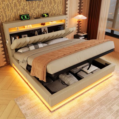 Lit double rembourré 140x190 cm, tête de lit avec espace de rangement et ports USB et Type-C, éclairage LED à la tête et au pied du lit, rangement hydraulique, beige, lin (sans matelas)