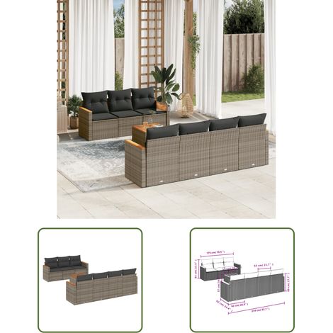 The Living Store 8-tlg. Garten-Sofagarnitur mit Kissen Grau Poly Rattan - Gartenmöbel - Outdoor Möbel - Rattan Sofa Set - Lounge Set - Esstisch (1/3)
