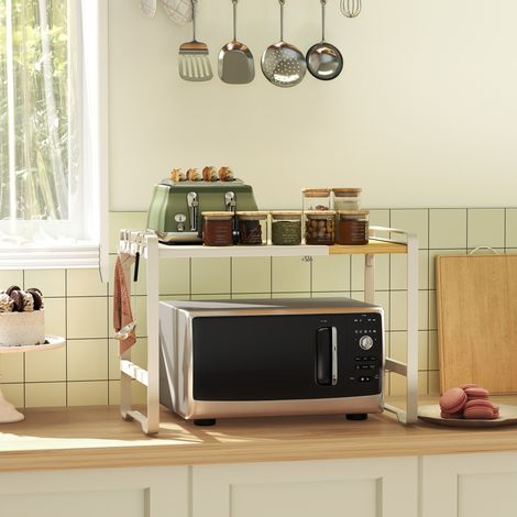 Étagère pour Micro-ondes, Extensible, Support pour Mini Four, Largeur Réglable de 41,5 à 64 cm, Étagère de Cuisine, Acier et Bambou, 4 Crochets, Blanc Crème et Bambou Clair (1/5)