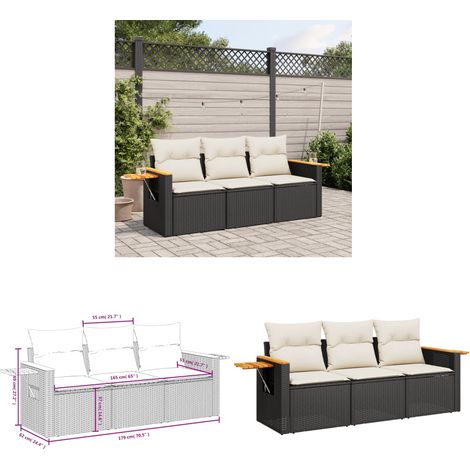 3-tlg. Garten-Sofagarnitur mit Kissen Schwarz Poly Rattan - Gartenmöbel - Esszimmergarnitur - Outdoor Möbel - Lounge Set - Rattan Sofa - Home & Living (1/3)