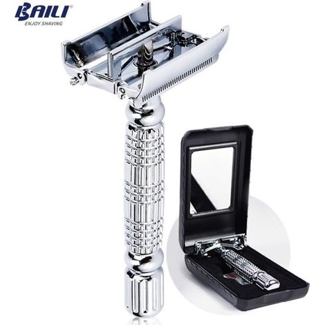 BAILI Barber lame de sécurité rasoir rasoir Double bord papillon torsion ouvert en forme de T unisexe 1 étui de voyage avec miroir (1/4)
