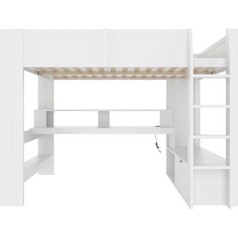 Cama alta 140 x 200 cm con escritorio, LED de 16 colores, cajón y estantes, blanco (1/5)
