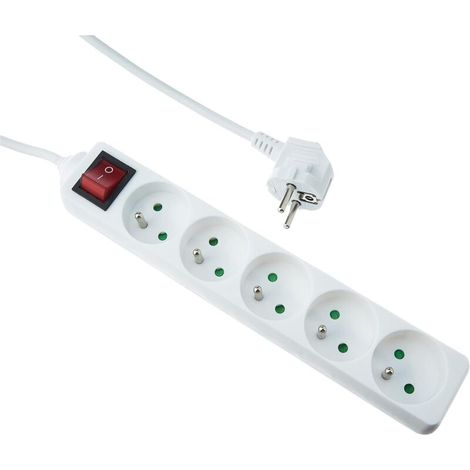 NALOOKAMIC Multiprise électrique 5 prises, prise multiple - Bloc multiprise électrique 5 prises + interrupteur, rallonge multiprises électriques - 5P / 16A / 3G1mm² - Blanc - Protection enfant (1/5)