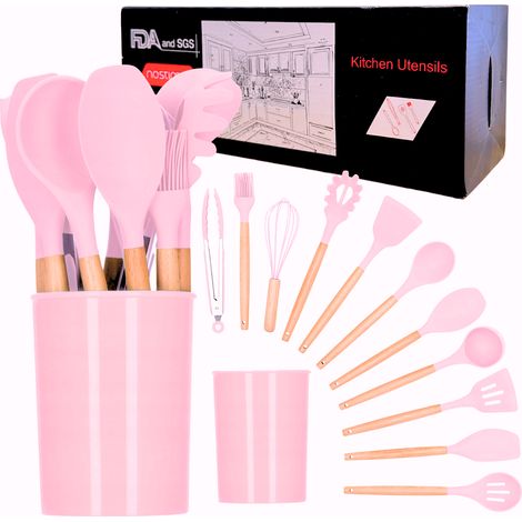 Juego de accesorios de cocina, utensilios de cocina, 12 piezas, juego de silicona con diseño de bambú y rosas. (1/5)
