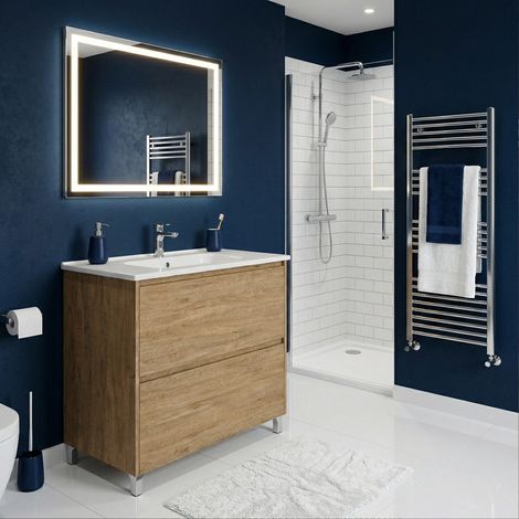 Meuble vasque L.80cm sur pied 2 tiroirs Chêne naturel LISBONA - sans colonne (1/5)