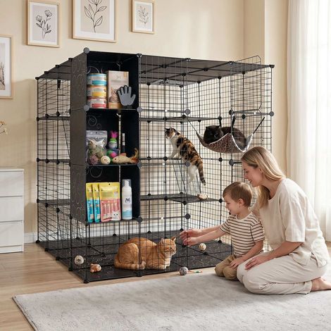 Cage à chat modulaire, enclos pliable pour chat avec parc de jeu, 144 x 144 x 142 cm - noir (1/3)