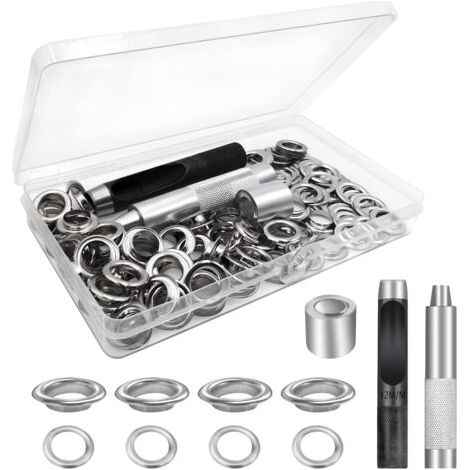 Tigrezy Ösen-Werkzeug-Set, Ösen-Sets 100 Set, Ösen für Planen, Ösen-Ösen-Set, für die Reparatur von Segeltuchplanen, Zelten, Silber, 12 mm (Innendurchmesser)