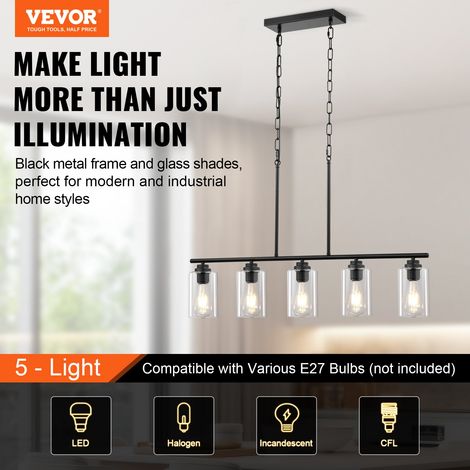 Éclairage d'îlot de cuisine, 5 lumières, lampe suspension linéaire de ferme 60 W, avec abat-jour en verre transparent, 4 tiges et 2… (1/5)