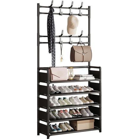 Rangement chaussures 5 étages en métal noir robuste, assemblage simple avec fixations, présentoir pour salon, chambre ou hall d'entrée. (1/5)