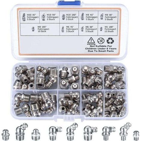 Raccordi per grasso a vite da 60 pezzi, assortimento XU, M6 M8 M10, raccordi per grasso dritti 45° 90° 180°, con custodia in plastica, per apparecchiature meccaniche, raccordi per grasso - KZQ (1/4)