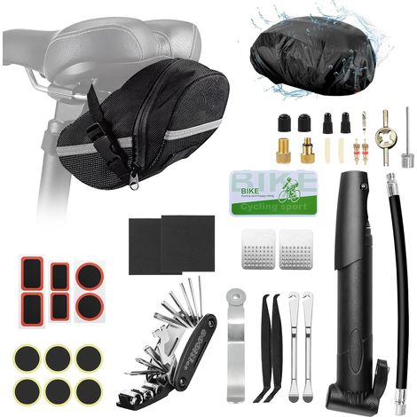 Kit de réparation de vélo Oziral multifonction 16-en-1 Kit Crevaison Velo accessoires VTT avec un couvercle étanche mini pompe 12 rustines pour pneus avec adhésif, rangement pratique pour accessoires (1/5)