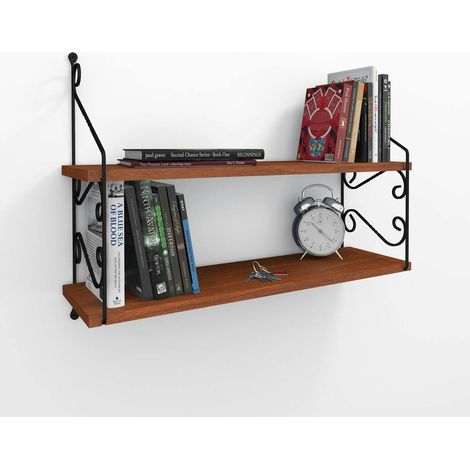 Etagère murale décor bois noyer 2 plateaux avec volutes JENA