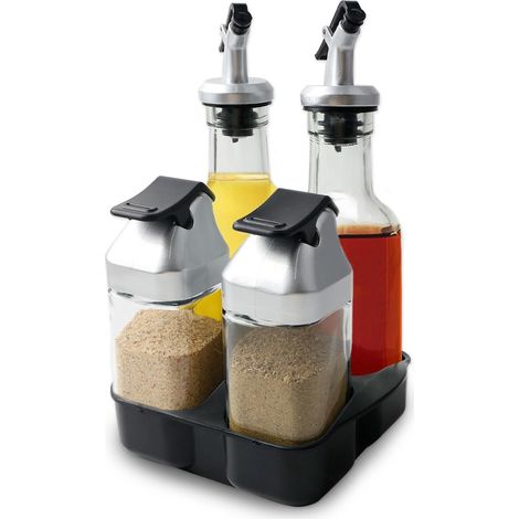 Glass Salt and Pepper Shaker Set, Vinegar and Oil Bottles with Spout 2 in 1 Salzstreuer mit Deckel Gewürzdose mit Streulöchern Menage Set für Essig & Öl Glasmenage für Küche Grill Kochzubehör (1/5)