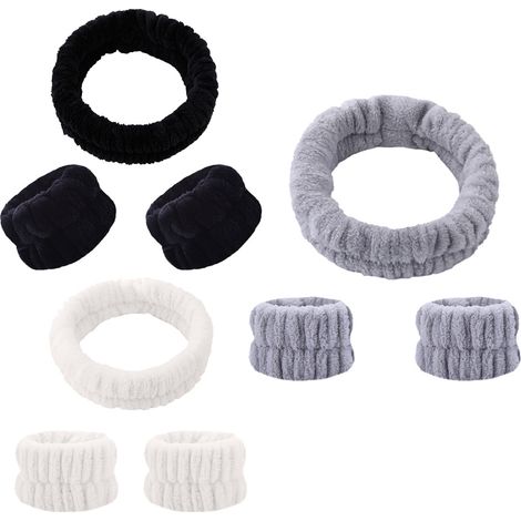 Bandeau Spa - Microfibre Absorbante - Pour Lavage Visage Et Yoga - Bracelet Poignet Anticoulure - Lot De 3 Bandeaux Et 6 Bracelets (1/5)