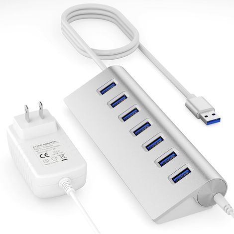 1 Hub USB 7 Ports, Aluminium, USB 3.0 5Gbit/s, Alimentation 20W, PC Mac Portable (1/5)