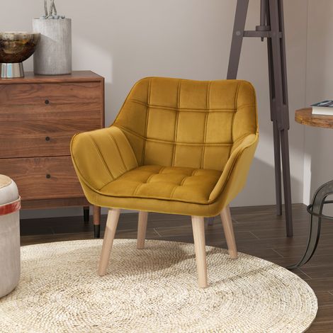 Sillón tapizado, silla auxiliar, diseño escandinavo, aspecto de terciopelo, hasta 120 kg, patas de madera de caucho, amarillo. (1/5)