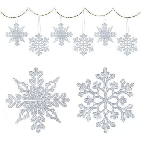 Schneeflocken-Weihnachtsdekoration, 36 Hängedekorationen mit 10 cm großen Schneeflocken und 36 Kordeln, Schneeflocken-Ornamente für Fenster, Weihnachtsbaum, Winterdekoration (Silber) (1/5)