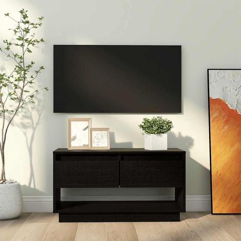 Meuble TV avec tiroirs en bois de pin massif noir 74 x 34 x 40 cm - PANGIVO (1/5)