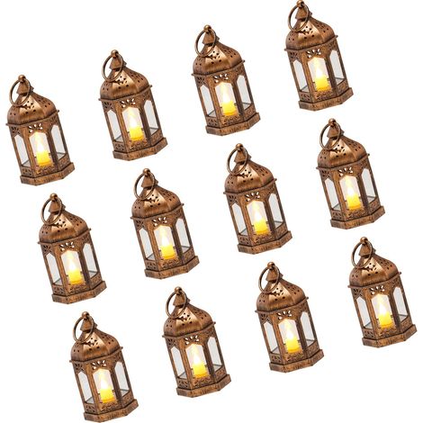 Set mit 12 dekorativen Kerzenlaternen, flammenlosen LED-Kerzen, Kunststoffhalter mit Glas, Wanddekoration im Landhausstil für Hochzeitstische und Partys, Bronze (1/5)