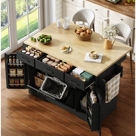 Îlot de cuisine 120x45(70)x87 cm noir en MDF avec plateau rabattable, rangement intégré, bac à déchets dissimulé et roulettes (1/5)