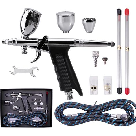 Kit pistolet aérographe double action stylo aérographe 0,3mm avec aiguilles extra 0,5 0,8 mm, tuyau aérographe et set de godets 2CC/5CC/13CC (1/5)