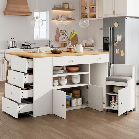 Îlot de cuisine 140x40x89 cm en MDF et métal blanc, 6 tiroirs, rangement pour cuisine – MEUBLIV (1/5)
